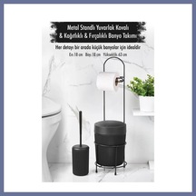 Bezos Metal Standlı Yuvarlak Kovalı & Kağıtlıklı & Fırçalıklı Siyah Banyo Takımı Dlra