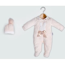 Lamato Baby Süzine Tavşan Nakışlı Şapkalı Kadife Bebe Kız Tulum SOMON