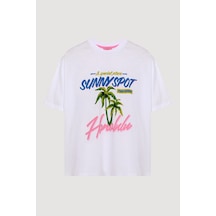 Quzu Kadın Bisiklet Yaka Baskılı T-shirt Beyaz