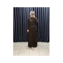 Nurcan Çetin Kadın Beli Taş Detaylı Pileli Tesettür Elbise Kahverengi - 930788574 Kahverengi