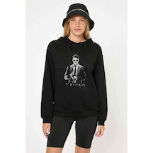 Dare Baskılı Siyah Kadın Kapşonlu Sweashirt