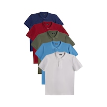 Tudors Erkek 5'li Paket Lacivert-gri-haki-bordo-mavi Slim Fit Dar Kesim Pamuklu Düz Pike Polo Yaka Tişört-52833 Çok Renkli