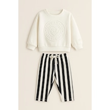 Kız Çocuk 3 İplik Kabartma Baskı Çizgili Jogger Sweatshirt + Eşofman Altı Takım Çok Renkli