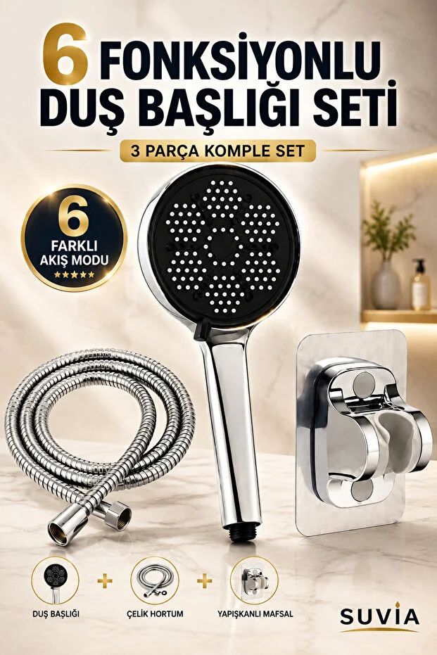 Duş Başlığı 6 Fonksiyonlu Çelik Hortum Yapışkanlı Mafsal Seti Krom