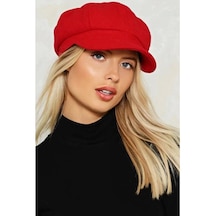 Kırmızı Bayan Şapka Kadın Kasket Yün Flat Cap Kırmızı-Standart