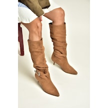 Fox Shoes Z726105702 Taba Süet İnce Topuklu Büzgülü Kadın Çizme