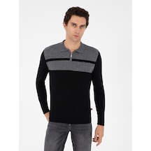 Cacharel Siyah Slim Fit Polo Yaka Fermuarlı Triko Kazak