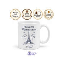 Fransızca Öğreniyorum Yazılı Kupa Bardak Dil Eğitimi Hediye Özel Tasarım Beyaz / Çok Renkli