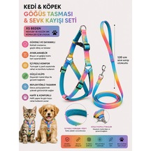 İçi Pedli Reflektörlü Kedi Ve Köpek Göğüs Tasması Sevk Kayışı Seti Xs Beden 120 Cm - Turkuaz Gökkuşağı Çok Renkli