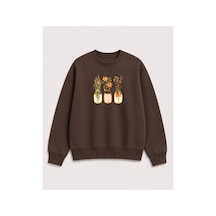 Herkesemoda Kavanoz Çiçek Baskı Detaylı Şardonlu 2 İplik Bisiklet Yaka Sweatshirt Kahverengi