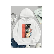 Stil X Sevimli Kediler Baskılı Kapüşonlu Çocuk Sweatshırt Beyaz-2