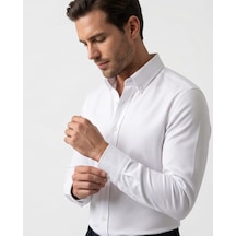 Özeniş Erkek Cepsiz Pamuklu Uzun Kollu Oxford Slim Fit Gömlek Beyaz