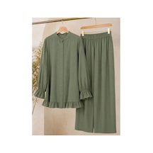 Hira Life Fashion Kadın Çilek Kumaş Dik Yaka Düğmeli Fırfır Detaylı Tesettür Tunik Pantolon İkili Takım Yeşil Yeşil
