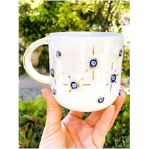 Premium Kalite 24 Ayar Altın Kaplama Nazar Mug, El Yapımı Mug 400 Ml 45nt1 Beyaz - Çok Renkli