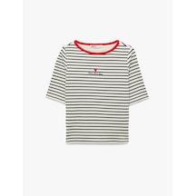 Koton Slim Fit Kısa Kollu Bisiklet Yaka Nakış Detaylı Çizgili Tişört Beyaz Çizgili 6sak50345ek Beyaz