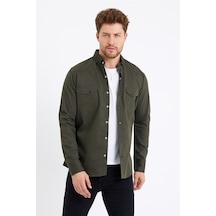 Tarz Cool Erkek Çift Cepli Çıt Çıt Düğmeli Slim Fit Kot Gömlek Haki