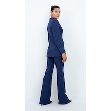 Dorne Moda Kadın Dantel Detaylı Gold Düğmeli Blazer Ceket Pantolon İkili Takım Lacivert