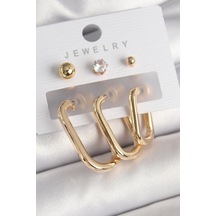 Pirinç Gold Renk Halka Model Zirkon Taş Topçuk Detay Kadın Küpe Seti 5886 Çok renkli