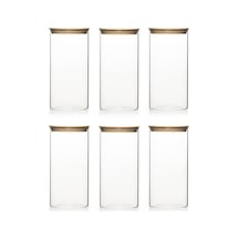 Tr 2-3 Bambu Vakumlu Kapaklı Yuvarlak Borosilikat Cam 6lı Kavanoz Seti Saklama Kabı 1300ml 10x20cm Genel