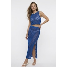 Neden Tekstil Dantel Görünümlü Ajurlu Beachwear Crop Top Ve Yırtmaçlı Uzun Etek Triko Takım - Saks Mavisi