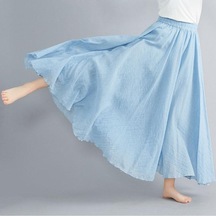 Yaz Sonbahar Kadın Etek Edebi Büyük Boy Pamuk Keten Yarım Etek Elastik Bel Keten A-line Etek Uzun Bölüm Saf Renk Rüzgar Salıncak Etek Gökyüzü Mavisi