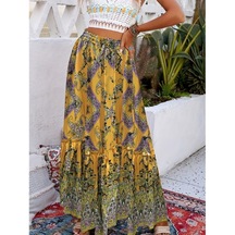 Sarı Paisley Desenli Büzgülü Etekler, Boho Pileli Yazlık Maxi Etekler, Kadın Giyim Sarı
