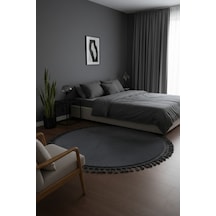 Comfort Yuvarlak Ponpon Saçaklı Peluş Halı Yatak Odası- Çocuk Odası- Antre- Yemek Odası Kaymaz Taban Antrasit