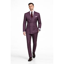 Fabıo Cassel Çizgili Kruvaze Erkek Takım Elbise Slim Fit Bordo