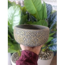 19 Cm El Yapımı Beton Saksı - Altın Eskitme Desenli Dekoratif Modern Çiçeklik - Büyük Boy Lüks Saksı
