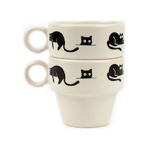 Kara Kedi 2'li Espresso Bardak Seti - Hediye Seramik Fincan Beyaz - Çok Renkli