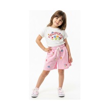 Toontoy Kids Toontoy Kız Çocuk 2'li Şortlu Takım Bisiklet Yaka Kısa Kollu Baskılı Tişört Beli Bağlamalı Baskılı Şort 25034 Ekru