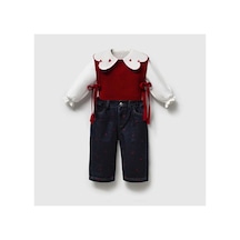 Ministok Lumiere Nakışlı Balon Jean Süveter Ve Gömlekten Oluşan 3'lü Kız B Kırmızı