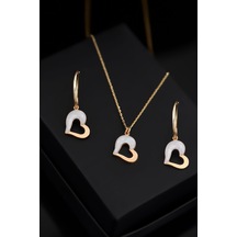 Papatya Silver 925 Ayar Gümüş Rose Kaplama Sedef Mineli Kalp Kolye ve Küpe Kadın Set UVPTS600003