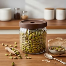 Akasya Kapaklı Çizgili Cam Kavanoz 450 Ml Hava Geçirmez, Modern Fitilli Tasarım Gıda Saklama Kabı Baharat, Kuruyemiş, Atıştırmalık Ve Kahve Kavanozu 9x10 Cm 6998