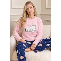 Siyah İnci Pembe Nakışlı Alt-üst Polar Kışlık Örme Pijama Takım 26222127