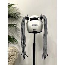 Motor & Motosiklet 3d Baskı Gri Şeytan Boynuzlu Gri Örgülü Çift Saç Kask Dış Aksesuarı Diğer