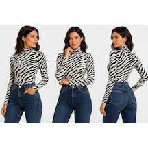 İngegno Body Zebra Desenli Balıkçı Yaka Uzun Kol Örme Kumaş Viskon Kadın Body Çok Renkli