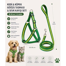 Kedi Ve Köpek Göğüs Tasması Sevk Kayışı Seti 30-36 Cm Şeritli 1,2 Metre Kayış - Yeşil Sarı Çok Renkli