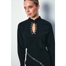 Sateen Yaka Damla Detaylı Bluz - Siyah
