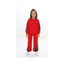 Toontoy Kids Toontoy Kız Çocuk 2'li Takım Baskılı Kolej Yaka Fermuarlı Reglan Kol Sweatshirt & Beli Paçası Ribanalı Jogger Eşofman Altı - 2 İplik Kırmızı