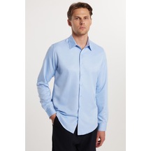 Tudors Slim Fit Uzun Kollu Kolay Ütü Teri Emen Nefes Alan Doku Kravatlık Dört Mevsim Mavi Erkek Gömlek-24892 Mavi