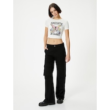 Koton Kısa Kollu Tişört Crop Kelebek Baskılı Bisiklet Yaka Pamuklu Slim Fit Ekru 4sal10605ık 4SAL10605IK010 Ekru