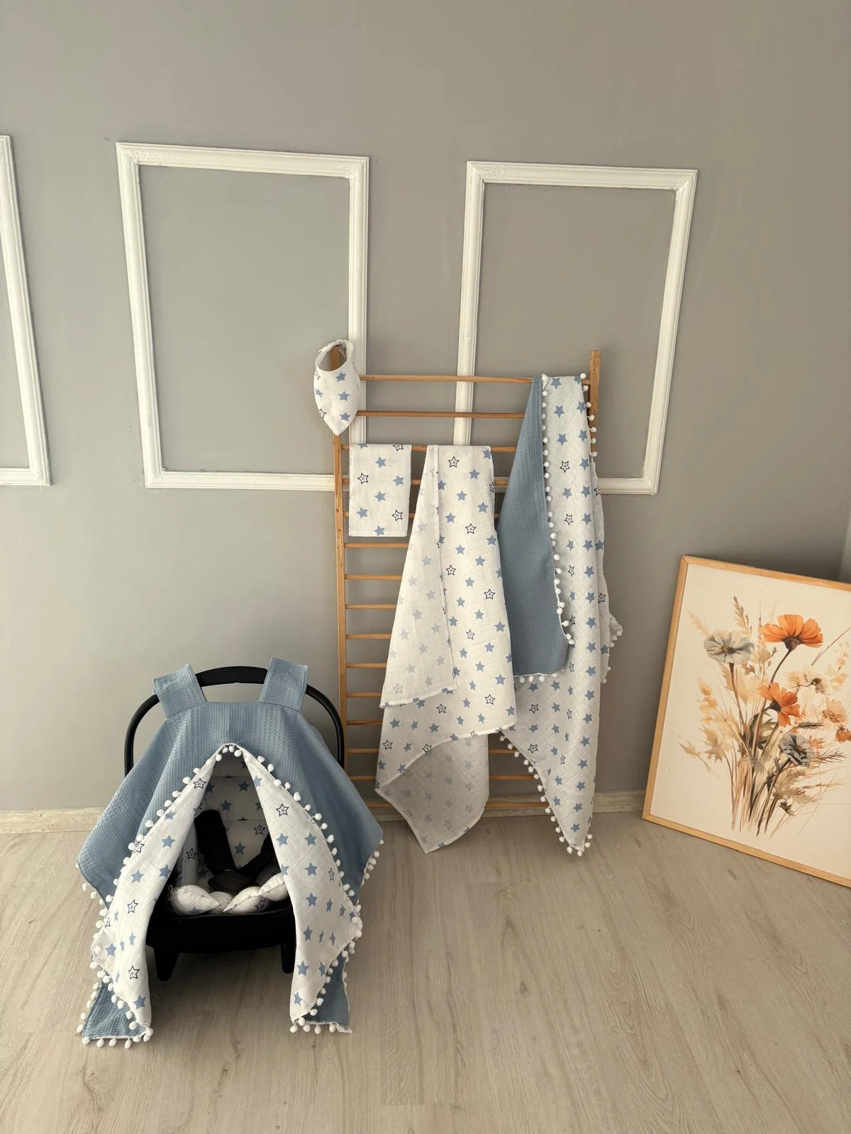 % 100 Pamuk 6 Parça Çift Taraflı Muslin Set Mavi Yldz