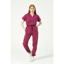 Vişne Likralı Scrubs Kargo Cep Jogger Paça Doktor Hemşire Forması Yarasa Kol Takım Unisex