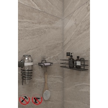Yapışkanlı Siyah Banyo Düzenleyici Raf Kare Fön Askısı Ve Katı Sabunluk Seti Siyah