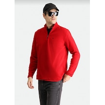 Kiğılı Koyu Kırmızı Yarım Fermuarlı Dik Yaka Soğuk Geçirmez Tüylenme Yapmayan Polar Sweatshirt