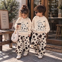 İnek Desenli Sweatshirt Krem Siyah Baskılı Lastikli Paça Eşofman Kız & Erkek Çocuk Alt Üst Takım Pembe