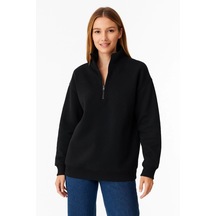 Suma Üç İplik Dık Yaka Yarım Fermuarlı Sweatshirt - Siyah Sıyah