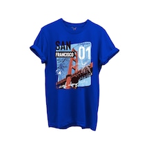 San Francisco California Yazılı Golden Gate Köprüsü Baskılı %100 Pamuk Regular Fit Unisex T-shirt Mavi