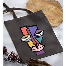 Bk Gift Modern Art Tasarımlı-6 Antrasit Kumaş Bez Çanta, Baskılı Omuz Çantası, Alışveriş Çantası, Anneye Hediye Sarı